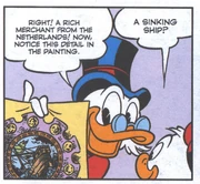 Picsou montrant à ses neveux un détail du portrait de son ancêtre, avec les coordonnés de son bateau coulé.