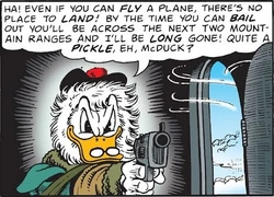 Gripsou se dévoilant et menace Picsou et ses neveux à l'aide d'une arme à feu pour avoir les informations qui le mèneront au trésor de Manco Cápac