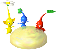 A Yellow Pikmin drinking nectar, along with a Red and a Blue Pikmin