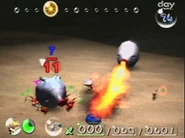 A Fiery Blowhog spewing fire at Red Pikmin in the Forest Navel in Pikmin