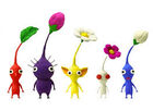 A purple Pikmin with a red Pikmin, a yellow Pikmin, a white Pikmin, and a blue pikmin