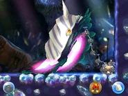 The Armurk attempting to crush Olimar and his Pikmin, but being pushed back.