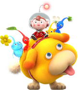 Oatchi with the player and some Pikmin on his back.