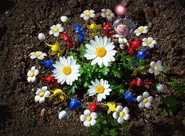 Artwork of Pikmin and Olimar circling a small patch of daisies for Pikmin