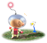 Olimar finding a Blue Pikmin sprout.