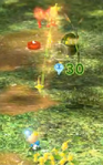 A Swooping Snitchbug being attacked from behind by Yellow Pikmin in Mission Mode (Defeat Enemies)