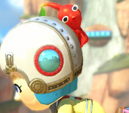 A Red Pikmin clinging on to the helmet of the Olimar Mii Costume Mario Kart 8