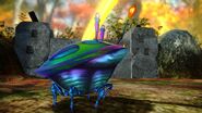 A detailed side view of the Flint Beetle, next to the Onion from Pikmin 3