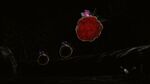 Winged Pikmin carrying the group of Juicy Gaggles through a dark cave.
