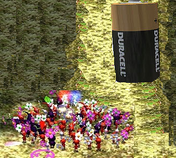 Beta picture depicting the finding of an AA battery. (Like Pikmin 2, this game has A LOT of in game advertising.)