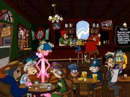 Pasport To Peril - Pink Panther Video Game Screenshot - 08.jpg (113 KB) Pink in the Mucky Duck pub, with Pugg and Louie hiding behind newspapers.