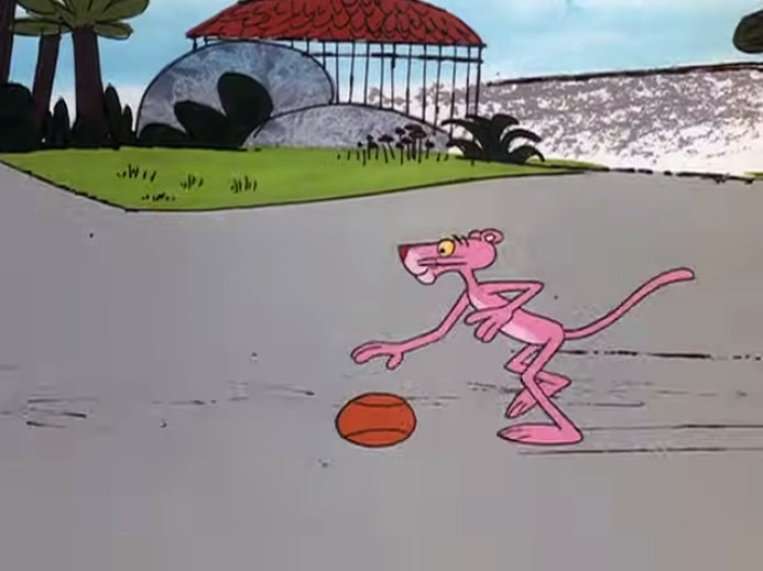 Pink Panther original animation cel and drawing, playing basket