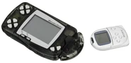 WonderSwan with attached WonderWave accessory and a compatible PocketStation (right)