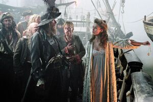 Barbossa negotiating with Elizabeth "Turner" about the medallion aboard the Black Pearl.
