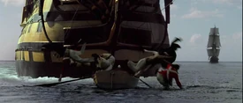 Lieutenant Gillette ordering his men in a longboat to abandon ship.