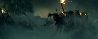 The pirates arriving to Port Royal.