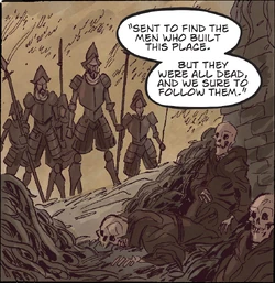 The conquistadors find the dead priests.