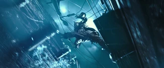 Jack jumps between the two ships.