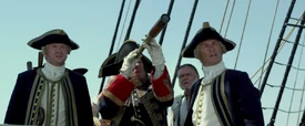 Hector Barbossa and Theodore Groves used a spyglass to spy on three Spanish galleons from aboard the British Navy vessel HMS Providence.
