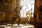 Captain Jack Sparrow (Johnny Depp) makes a daring getaway from King George and longtime nemesis Hector Barbossa (Geoffrey Rush) in a vast St. James Palace dining room