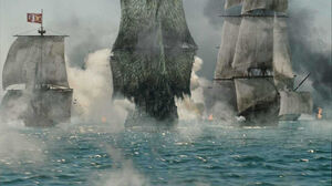 A battle between the  and the pirate fleet