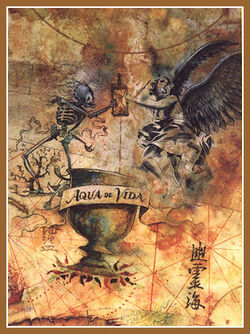 The struggle for eternal life was symbolized on a map by a tug of war between a skeleton and an angel, aligned with the symbol of the Fountain of Youth: the Chalices of Cartagena.