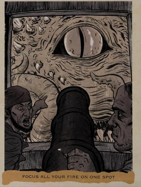 A sea monster attacks a ship.