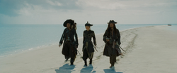 Barbossa, Elizabeth and Jack during the parlay