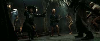 Barbossa and Elizabeth facing the Chinese