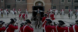 Jack Sparrow and Joshamee Gibbs were captured by a detachment of King George II's Royal Guards at the courtyard of St. James's Palace in London.