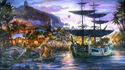 Early concept artwork of the Treasure Cove with the Black Pearl docked at Landlubber Landing. In the end, the Siren's Revenge was put in that place.