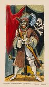 Marc Davis' 1962 sketch of a life-sized wax figure of Captain Bartholomew "Black Barty" Roberts who was to be featured in the captain's cabin scene of the walk-through Pirates of the Caribbean attraction.