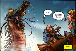 A sea serpent follows Pintel and Ragetti while the pirates row on a longboat.