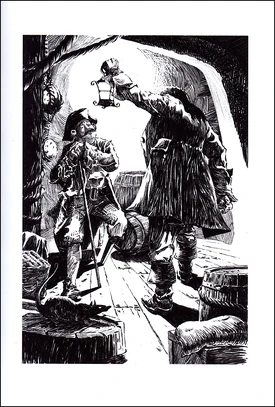 A rat stands on a barrel below decks of the Fleur de la Mort.