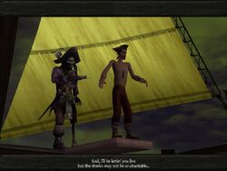 Jolly Roger forces his victim to walk the plank.