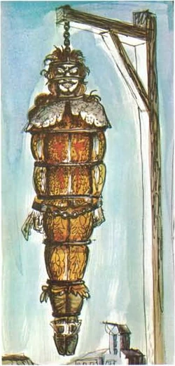A pirate in a gibbet.