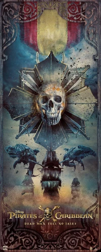 A macabre medal on a poster for Pirates of the Caribbean: Dead Men Tell No Tales.