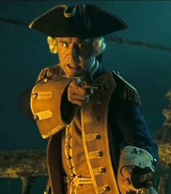 James Norrington holding a double-barreled pistol.