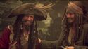 Richards (Teague) with Johnny Depp (Jack Sparrow) on set in costume.