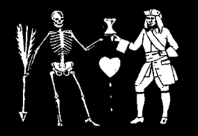 Black Bart's first flag,showing him and Death holding an hourglass.