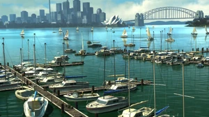 A slightly inaccurate view of Sydney Harbor (there are no boat docks in the depicted location and viewing angle)