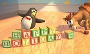 Wheezy and Bullseye putting blocks together to say "Happy Holidays"