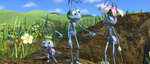 Flik and Atta hold hands as they and Dot wave to the Circus Bugs leaving