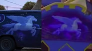 The comparison between the Pegicorn design on the bouncy castle (Enhanced) and Barley Lightfoot's van from Onward.