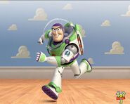 A promotional image of Buzz Lightyear running