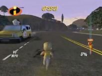 in The Incredibles video game the Pizza Planet truck driving is on the road as dash is running by