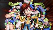 Woody is surrounded by several arms belonging to other toys as seen in a nightmare sequence.