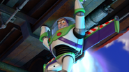 :"Glad I could catch the train!" :—Buzz, as he lifts the train out of the ravine