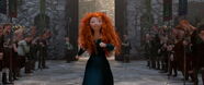 Merida walks briskly through the crowd of people gathered in the castle.