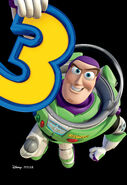 Buzz Lightyear holding the 3 logo and jumping